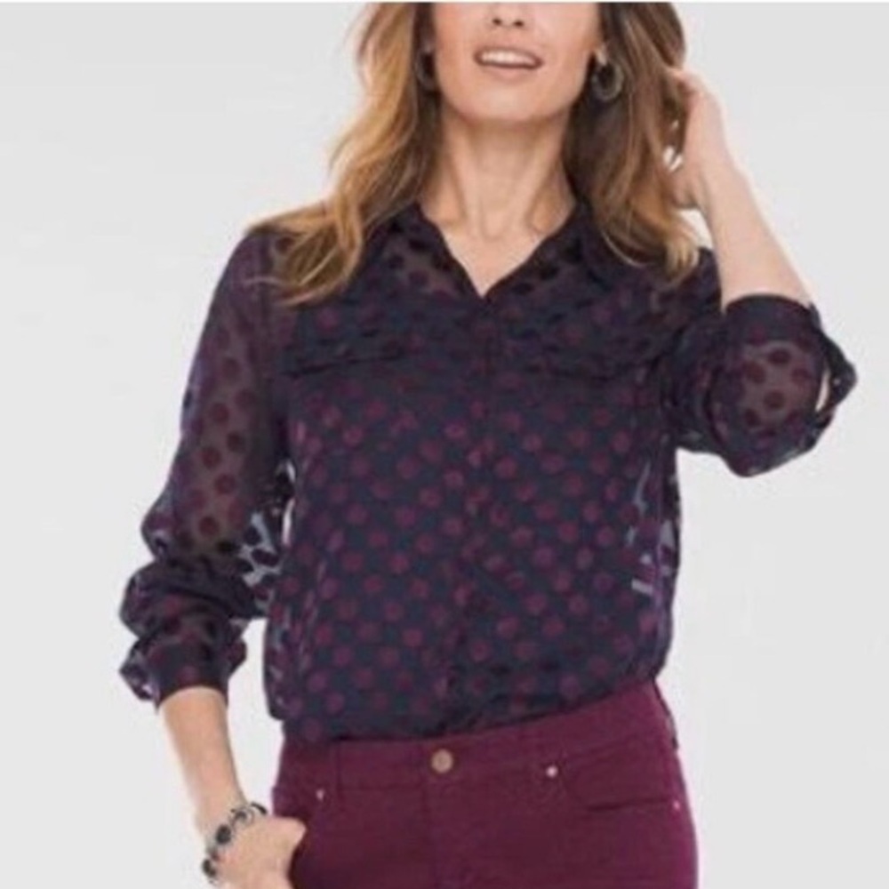 Chico's Navy Sheer Blouse with Burgundy Polka Dots